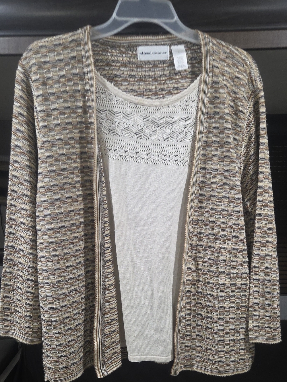 Alfred Dunner Beige, Cream and Brown Open-Front Knit Cardigan